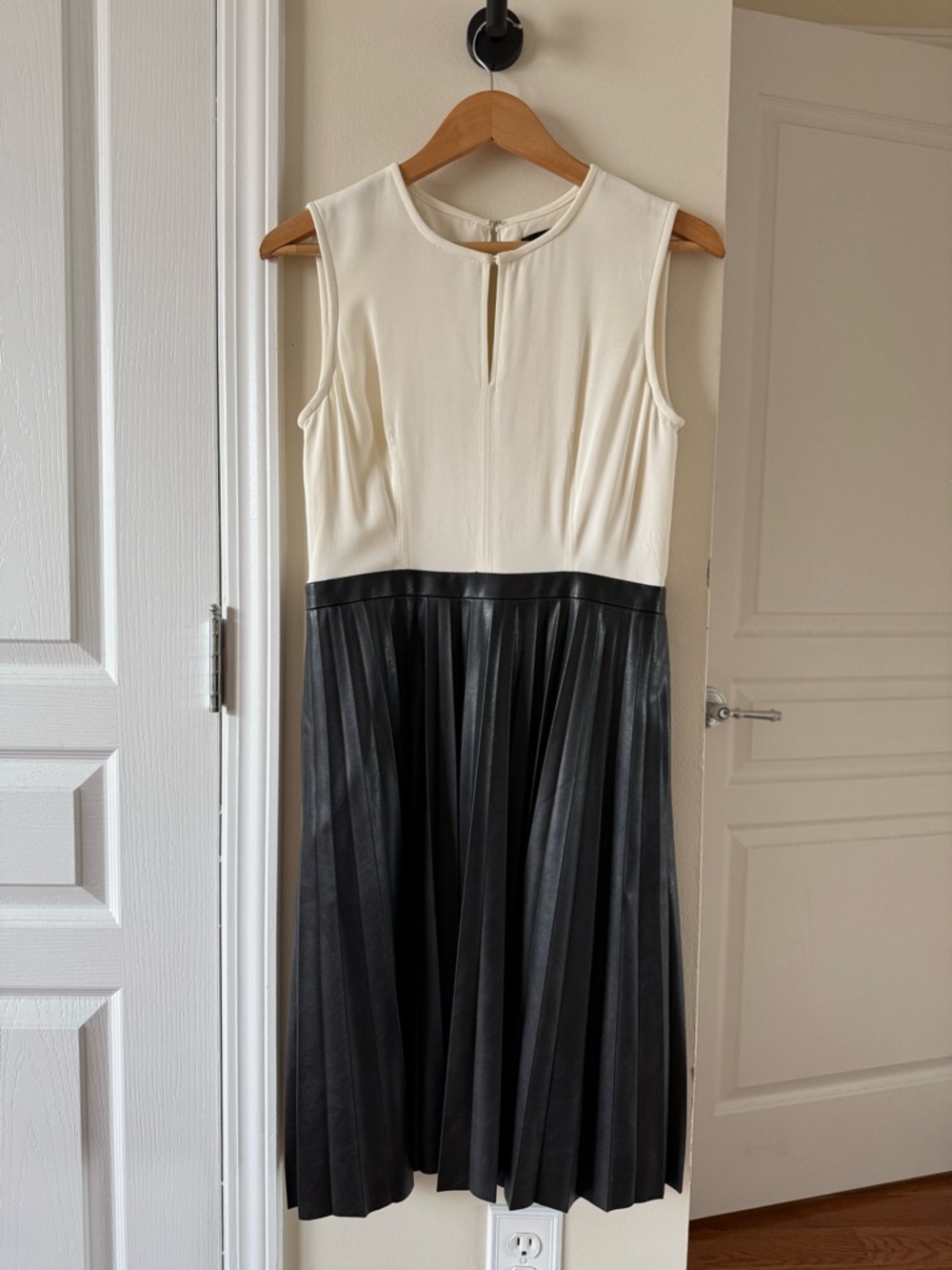 J. Crew Two-Tone Sleeveless Pleated Midi Dress in Cream and Black